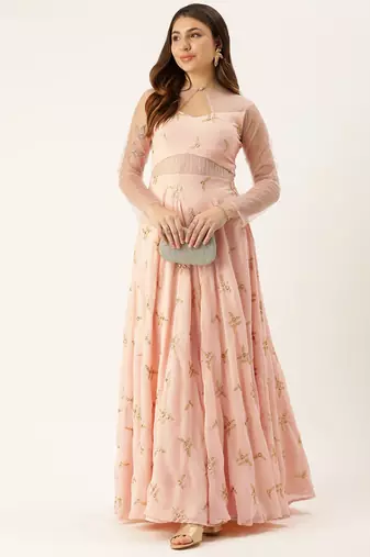 Ethnovog Ready To Wear Peach Georgette Embroidered Gown
