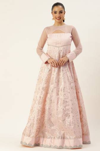 Ethnovog Ready To Wear Peach Art Silk Embroidered N Sequins Kali Gown