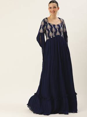 Ethnovog Ready To Wear Navy Blue Embroidered Pleated Georgette Gown 1