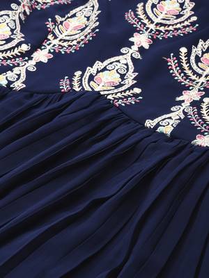 Ethnovog Ready To Wear Navy Blue Embroidered Pleated Georgette Gown 2