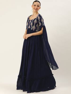 Ethnovog Ready To Wear Navy Blue Embroidered Pleated Georgette Gown 3