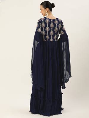 Ethnovog Ready To Wear Navy Blue Embroidered Pleated Georgette Gown 4