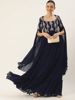 Ethnovog Ready To Wear Navy Blue Embroidered Pleated Georgette Gown 5