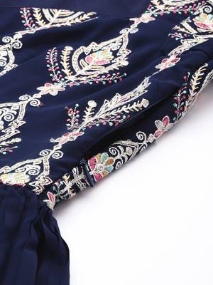 Ethnovog Ready To Wear Navy Blue Embroidered Pleated Georgette Gown 6