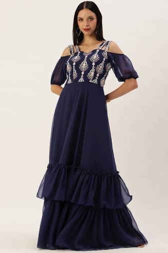Ethnovog Ready To Wear Blue Georgette Embroidered Layered Gown