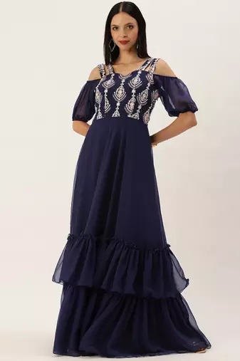 Ethnovog Ready To Wear Blue Georgette Embroidered Layered Gown