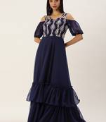 Ethnovog Ready To Wear Blue Georgette Embroidered Layered Gown