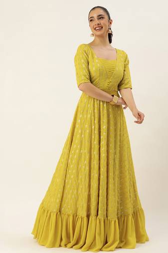 Ethnovog Ready To Wear Mustard Georgette Embroidered Sequins Gown