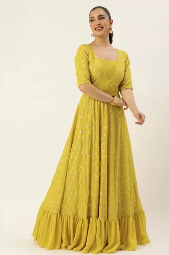 Ethnovog Ready To Wear Mustard Georgette Embroidered Sequins Gown