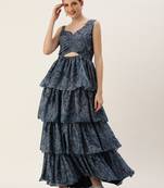 Ethnovog Ready To Wear Blue Chinon Digital Printed Layered Gown
