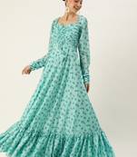 Ethnovog Ready To Wear Blue Chinon Digital Printed Floor Length Gown