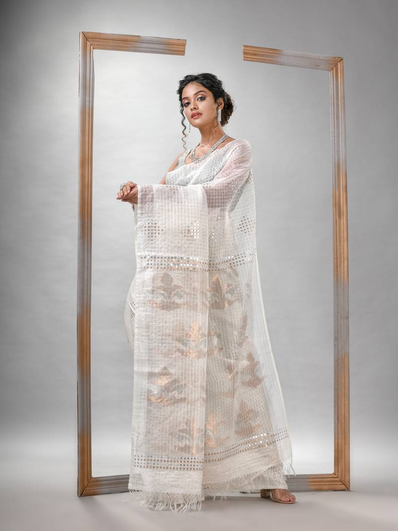Traditional White Matka Silk Sequin Soft Jamdani Saree - Angoshobha ...