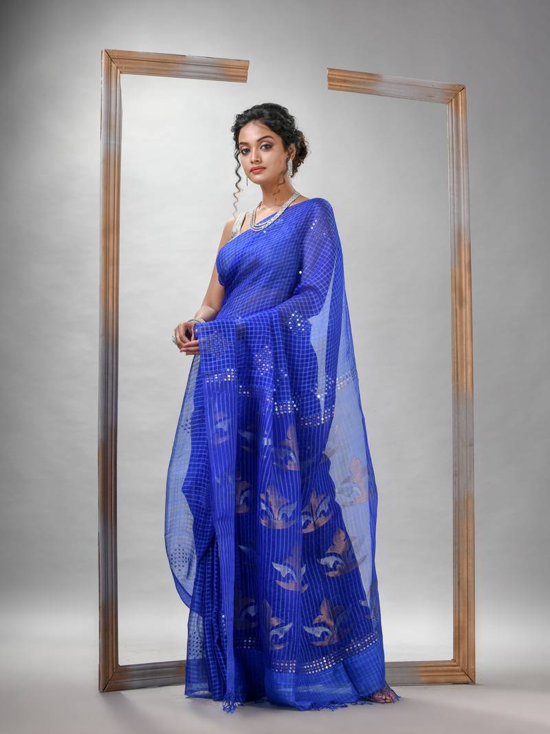 Traditional Blue Matka Silk Sequin Soft Jamdani Saree