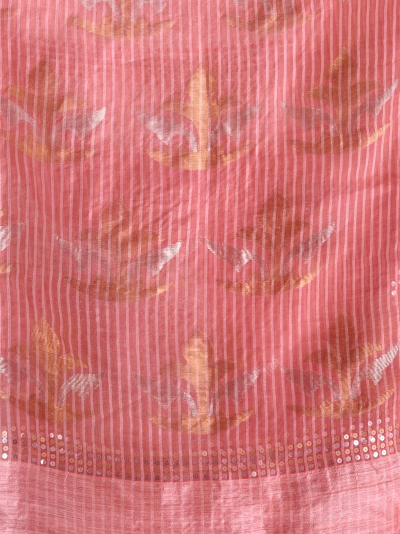 Traditional Pastel Peach Matka Silk Sequin Soft Jamdani Saree
