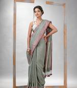 Sage Green Linen Solid Bady With Pallu Silver Zari Handloom Saree