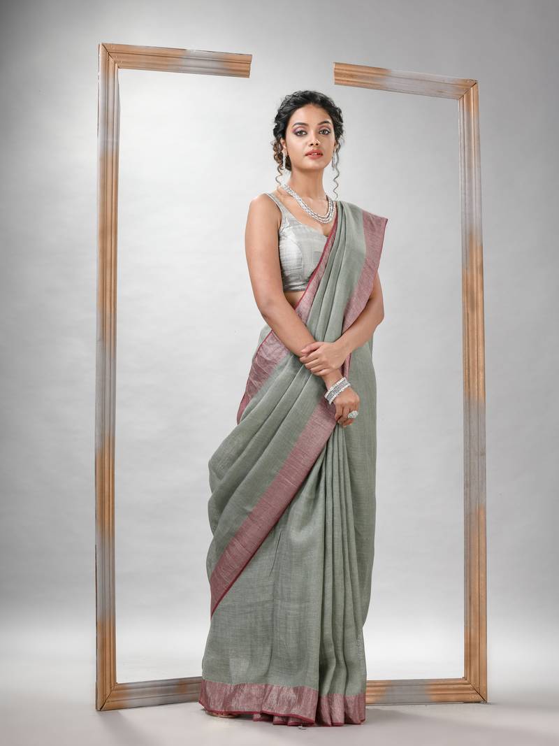 Sage Green Linen Solid Bady With Pallu Silver Zari Handloom Saree