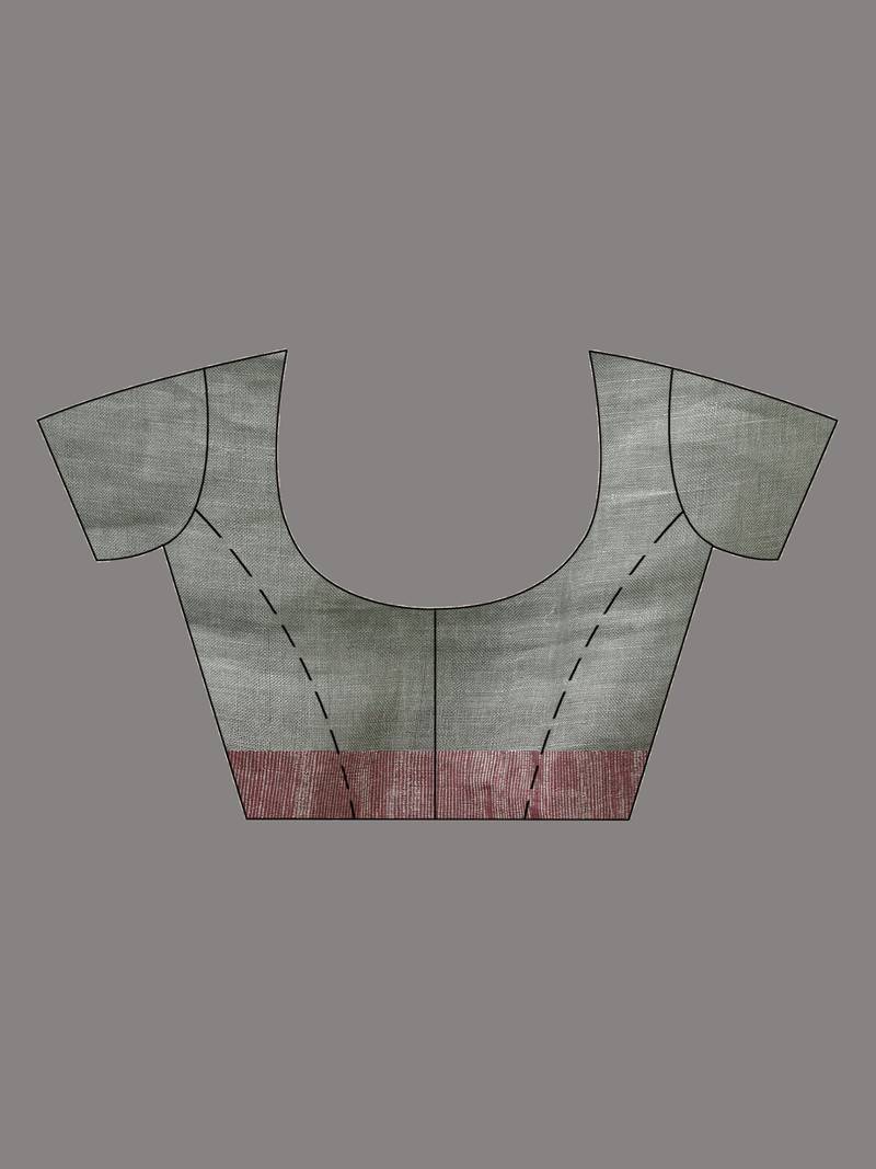 Sage Green Linen Solid Bady With Pallu Silver Zari Handloom Saree