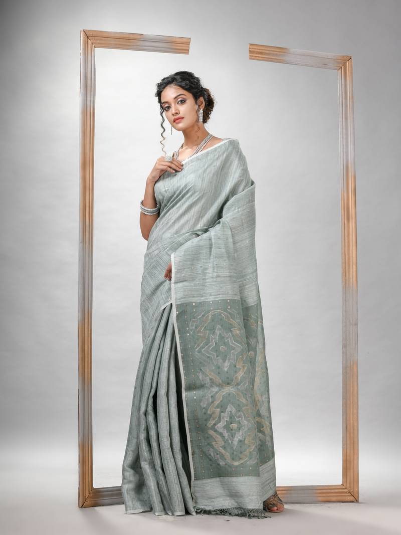 Lime Green Matka Silk Saree with Jamdani Peacock Motifs main image 1