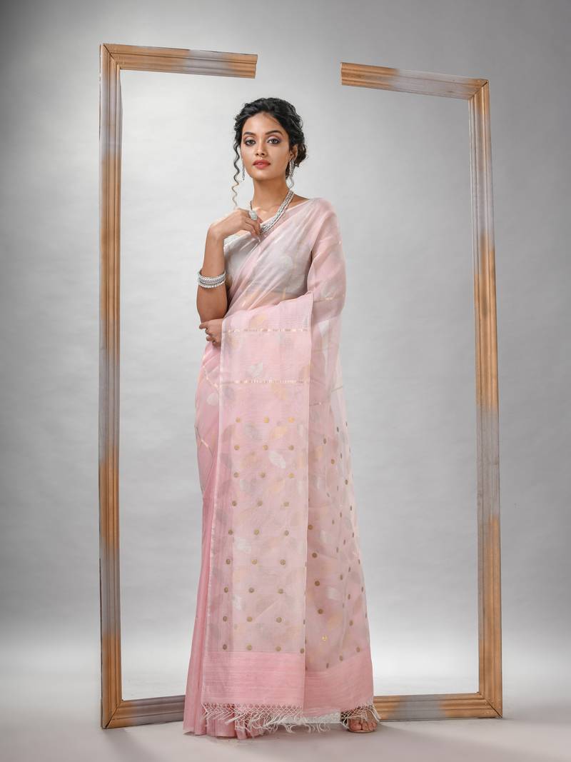 Traditional Baby Pink Matka Silk Sequin Soft Jamdani Saree