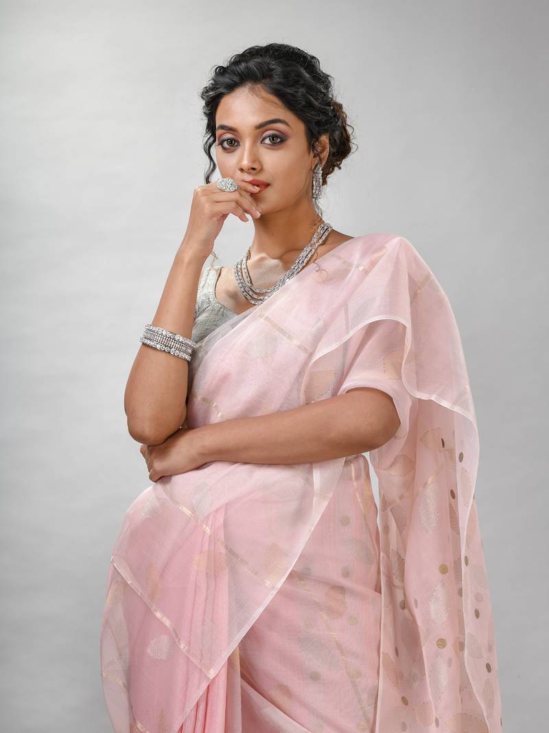 Traditional Baby Pink Matka Silk Sequin Soft Jamdani Saree