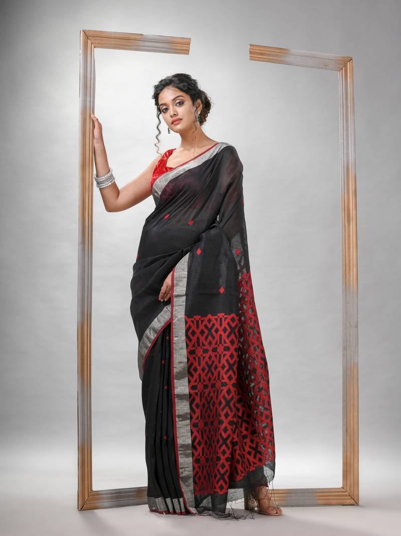 Black Silk Linen All Body Buti With Pallu Jacquard Saree