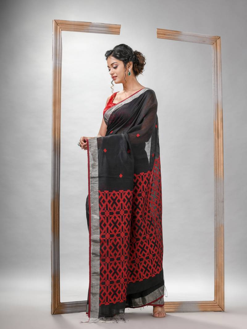 Black Silk Linen All Body Buti With Pallu Jacquard Saree