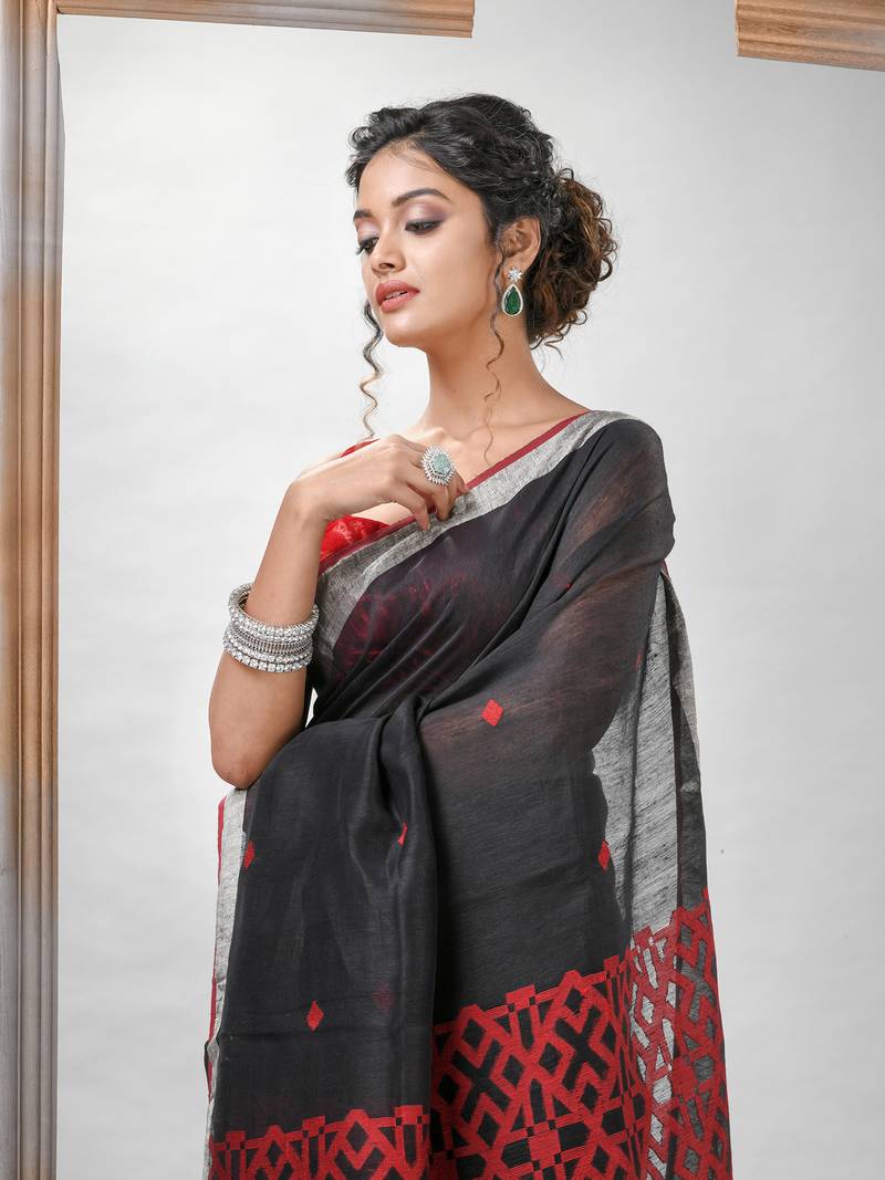 Black Silk Linen All Body Buti With Pallu Jacquard Saree