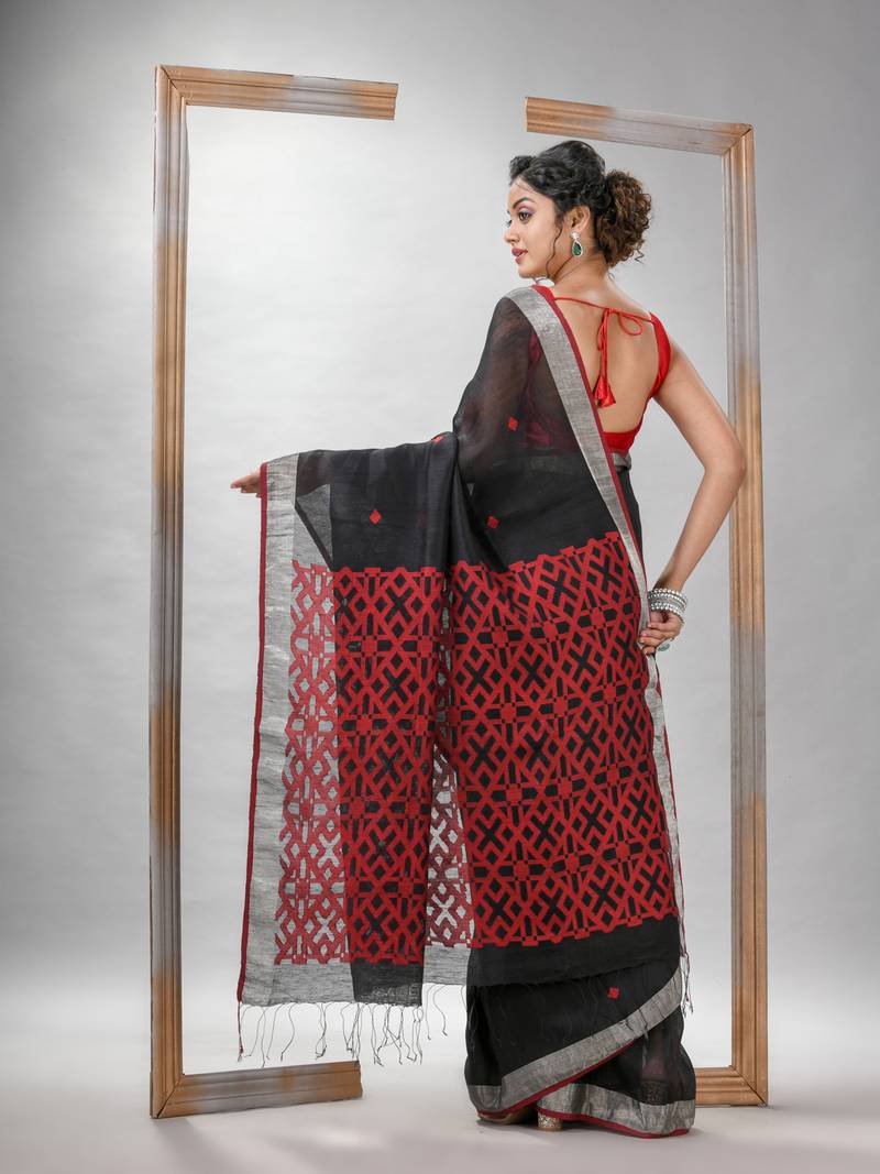 Black Silk Linen All Body Buti With Pallu Jacquard Saree