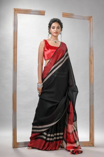 Black with multi colour pallu handwoven linen saree