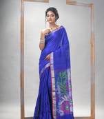 Royal Blue Silk Matka Solid Body With Pallu Flowers Motive Soft Jamdani Saree