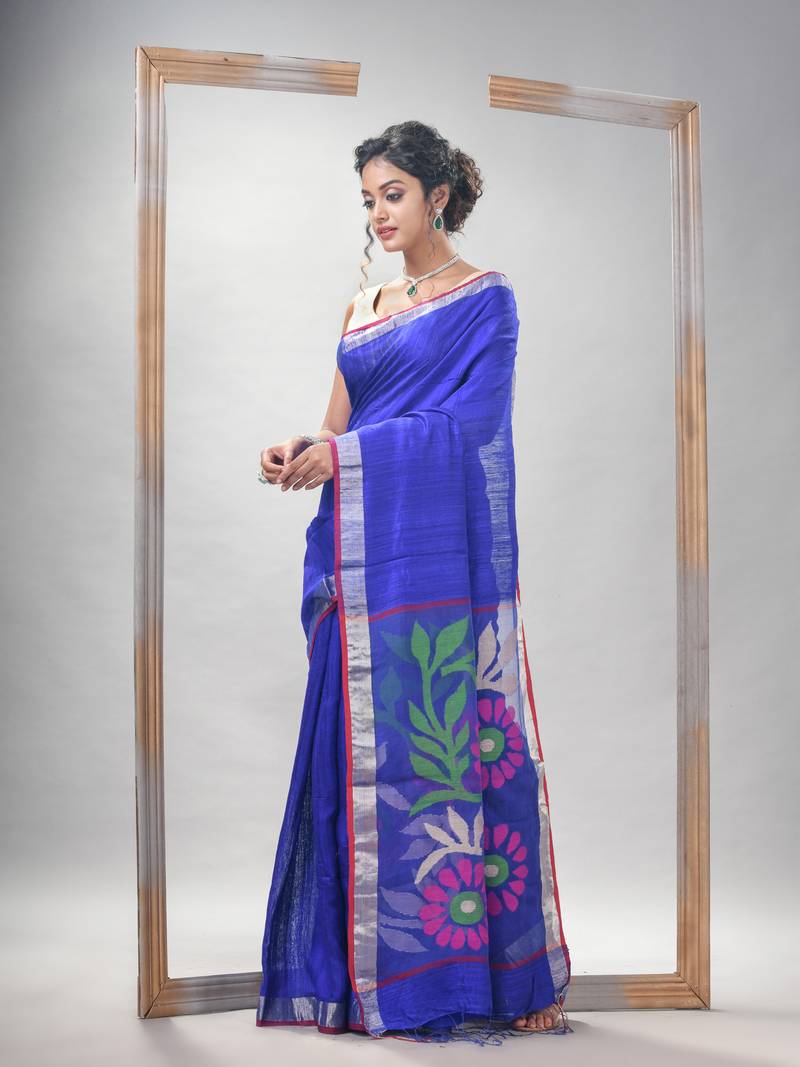 Royal Blue Silk Matka Solid Body With Pallu Flowers Motive Soft Jamdani Saree