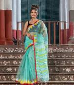 Firozi Blend Silk All Body Buti Temple Border With Pallu Jacquard Jamdani Saree