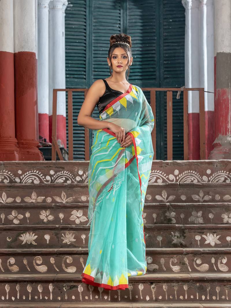 Firozi Blend Silk All Body Buti Temple Border With Pallu Jacquard Jamdani Saree