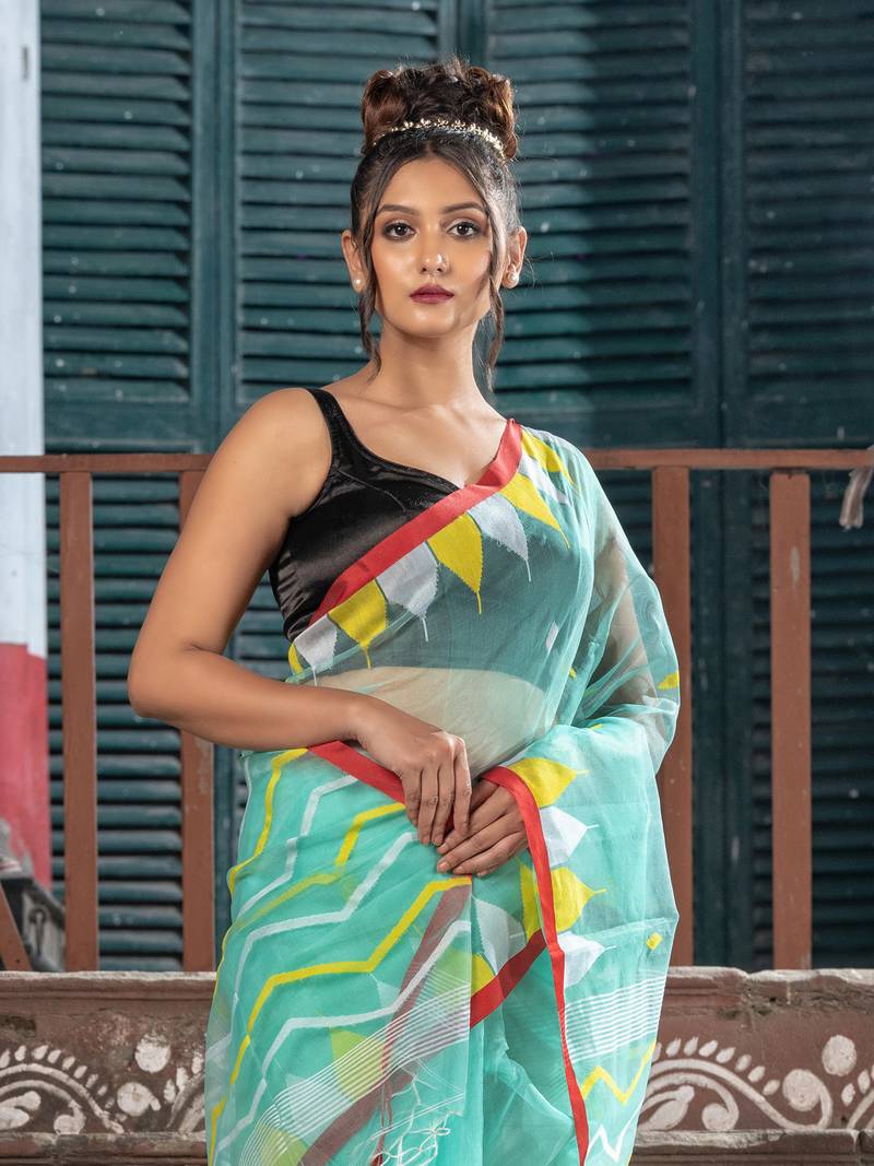 Firozi Blend Silk All Body Buti Temple Border With Pallu Jacquard Jamdani Saree