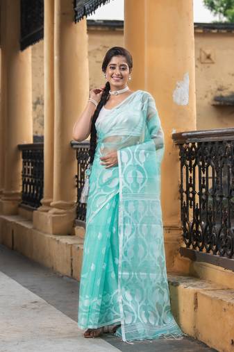 Firozi Blend Silk All Body Buti With Pallu Jacquard Janmdani Saree