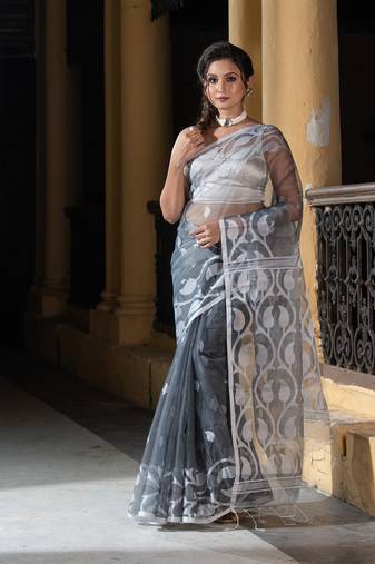 Grey Blend Silk All Body Buti With Pallu Jacquard Janmdani Saree