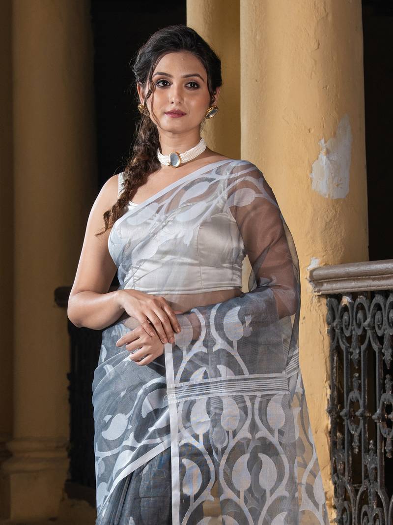 Grey Blend Silk All Body Buti With Pallu Jacquard Janmdani Saree