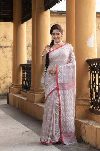 Mocha Cotton All Body Buti Red Border With Pallu Jacquard Jamdani Saree