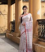 Mocha Cotton All Body Buti Red Border With Pallu Jacquard Jamdani Saree