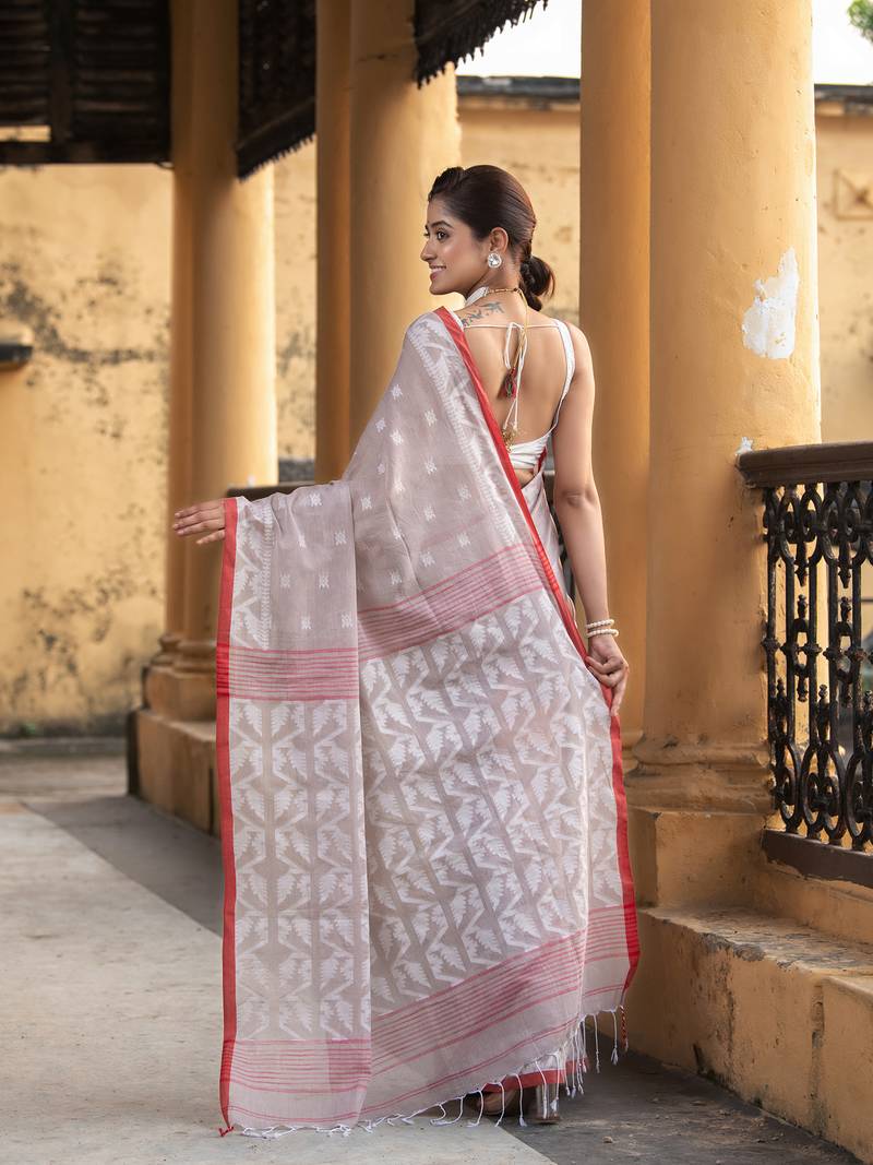 Mocha Cotton All Body Buti Red Border With Pallu Jacquard Jamdani Saree