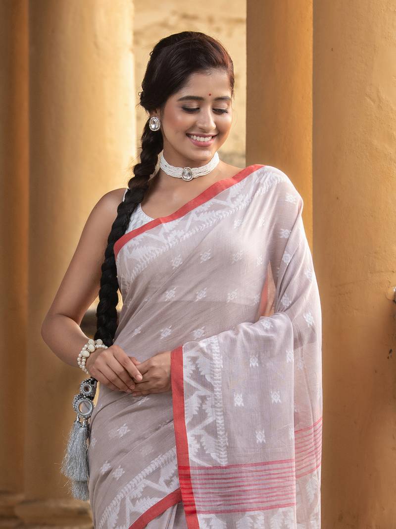 Mocha Cotton All Body Buti Red Border With Pallu Jacquard Jamdani Saree