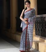 Grey Cotton All Body Buti Red Border With Pallu Jacquard Jamdani Saree