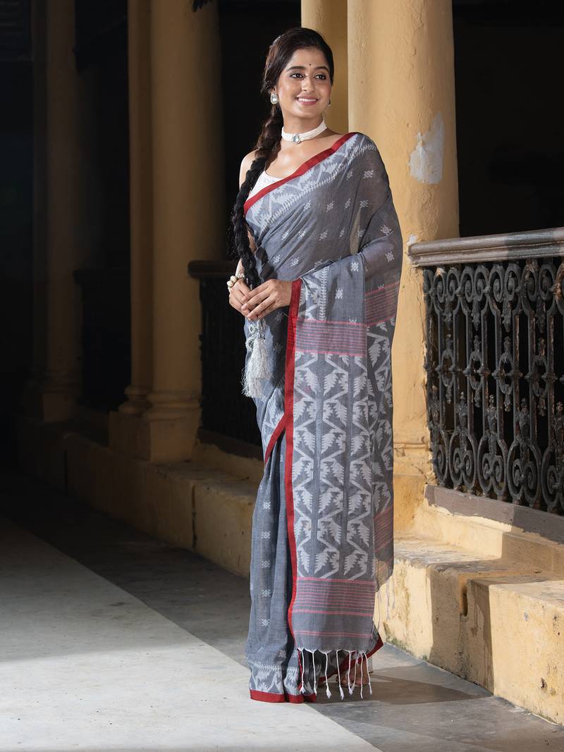 Grey Cotton All Body Buti Red Border With Pallu Jacquard Jamdani Saree