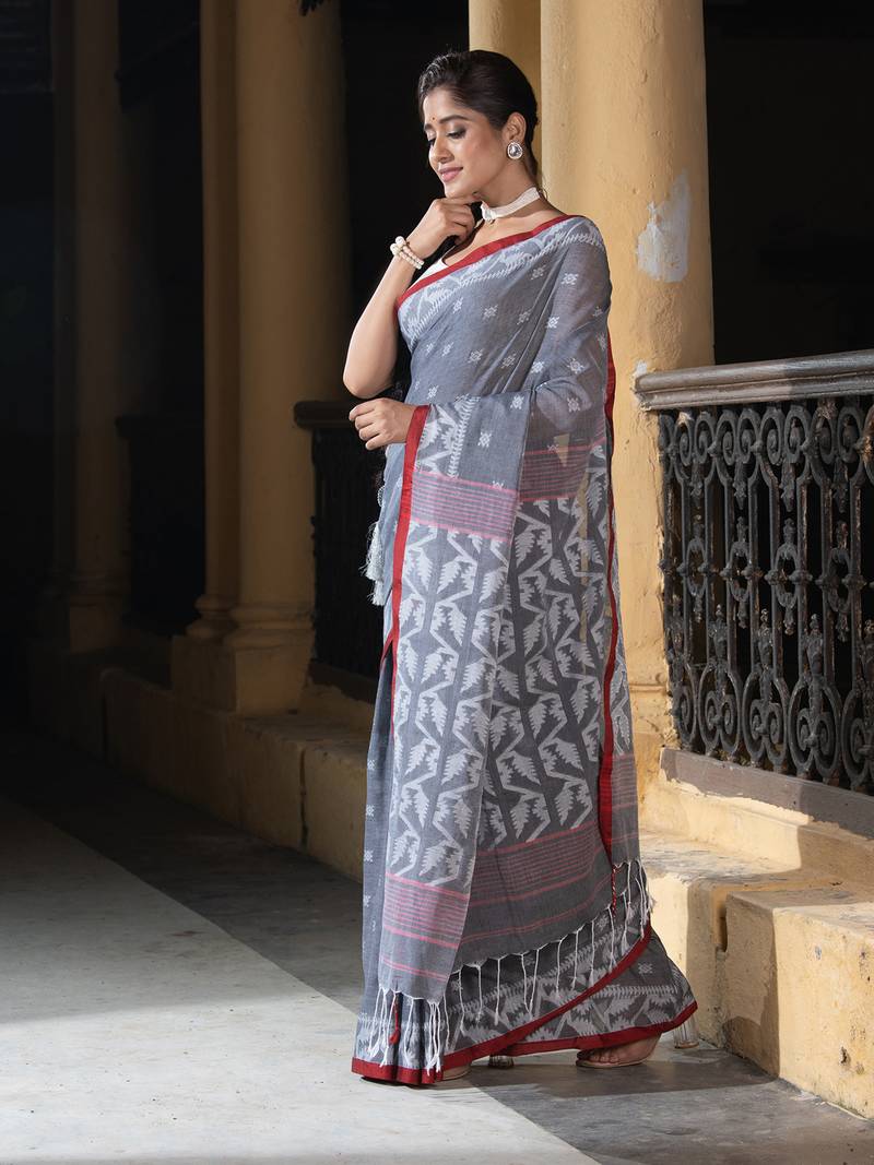 Grey Cotton All Body Buti Red Border With Pallu Jacquard Jamdani Saree