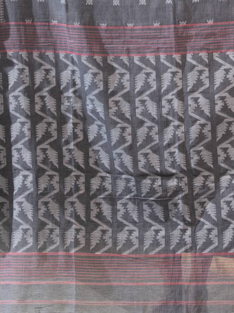 Grey Cotton All Body Buti Red Border With Pallu Jacquard Jamdani Saree