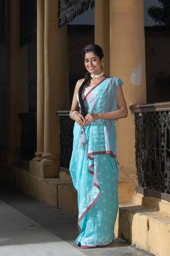 Firozi Cotton All Body Buti Red Border With Pallu Jacquard Jamdani Saree