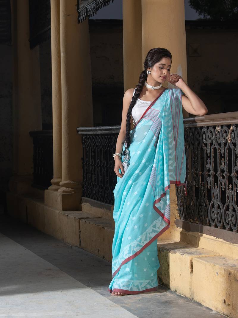 Firozi Cotton All Body Buti Red Border With Pallu Jacquard Jamdani Saree