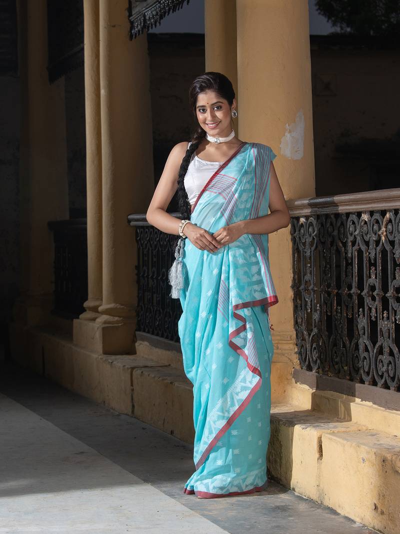 Firozi Cotton All Body Buti Red Border With Pallu Jacquard Jamdani Saree