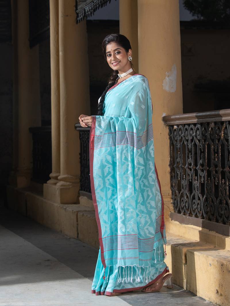 Firozi Cotton All Body Buti Red Border With Pallu Jacquard Jamdani Saree