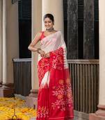 White & Red Silk Matka Solid Body Handwoven Jamdani Saree